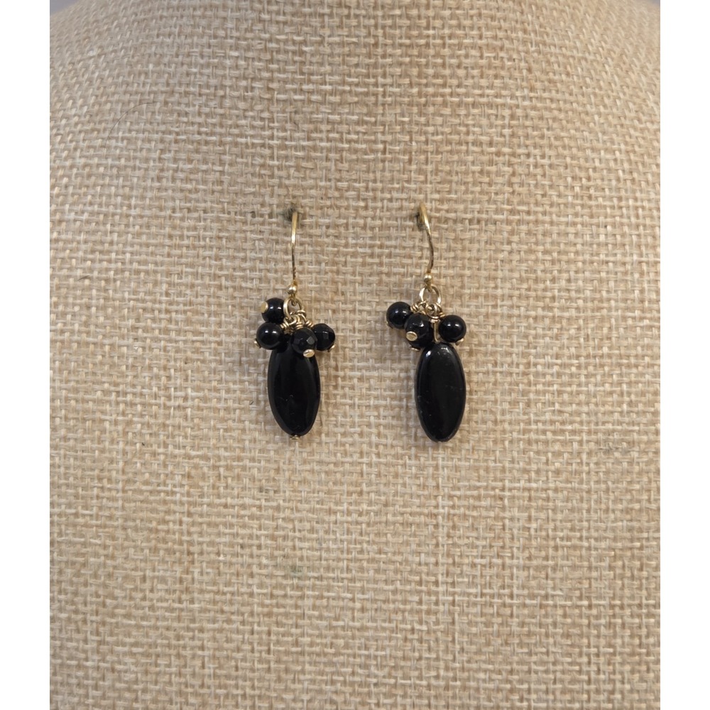 1990s Sterling Silver &‎ Black Onyx Bead Dangle Earrings Gold Tone